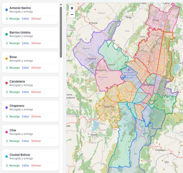 Gestión de zonas en el mapa